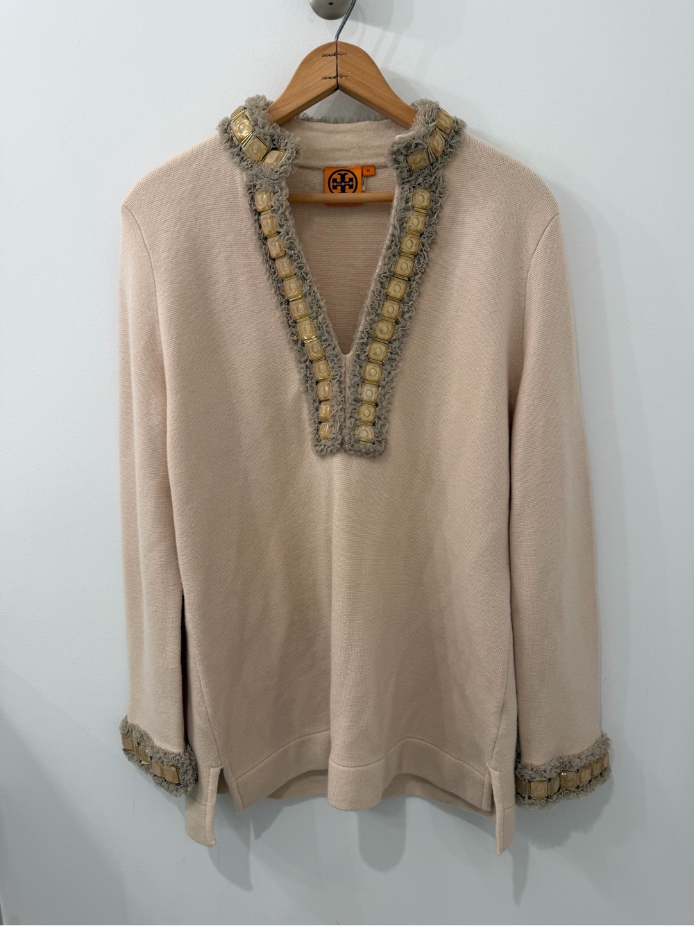 Tory Burch Beige Embellished Oversized Tunic Cashmere and Wool Sweater